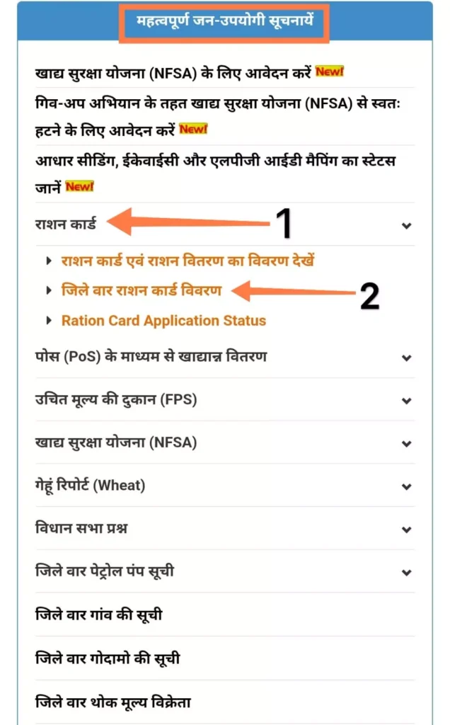 राजस्थान खाद्य विभाग की सरकारी साइट पर मौजूद विकल्प